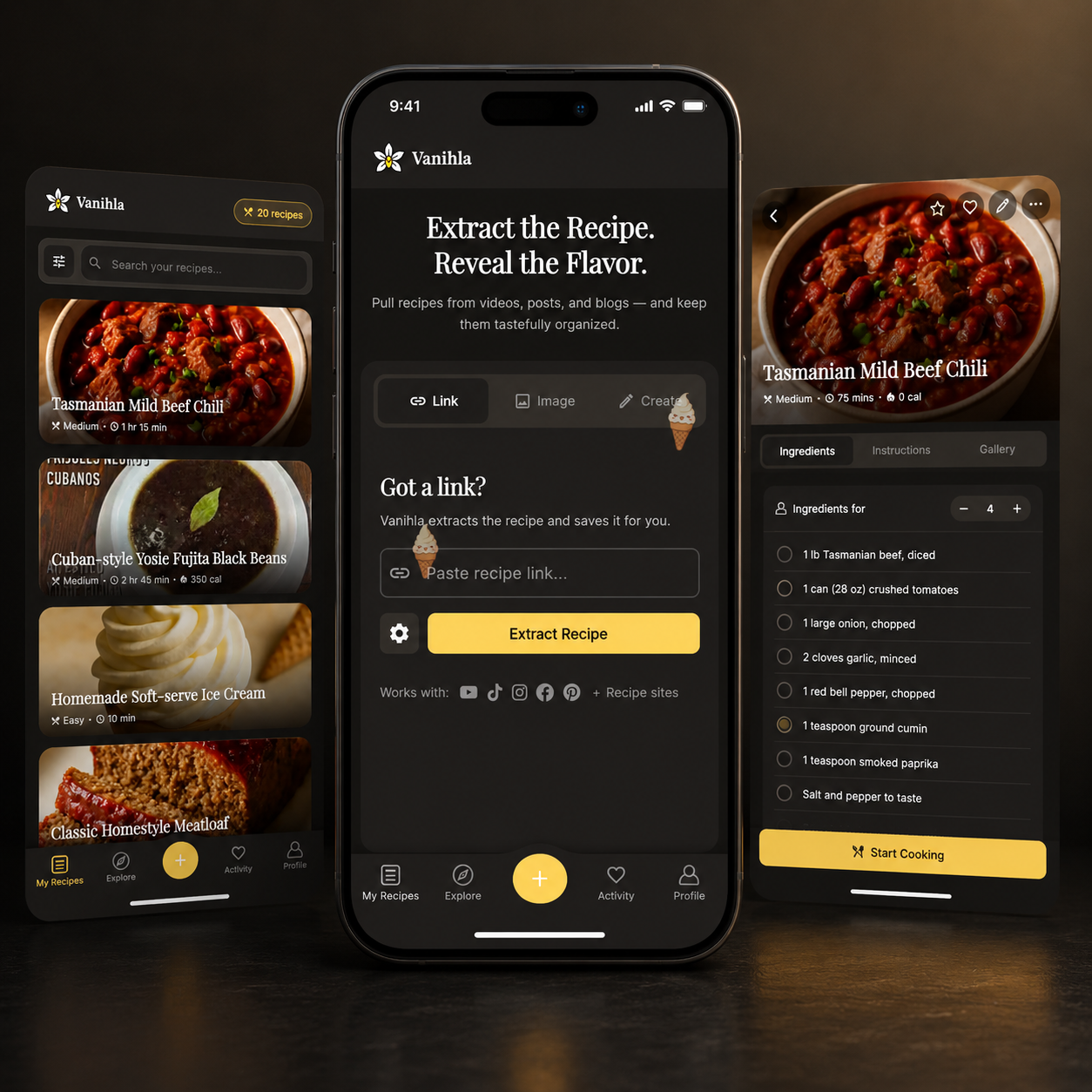 The Vanihla app on three iPhones — the recipe library, the recipe extraction screen, and a recipe detail view
